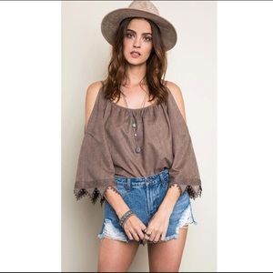 Sale Faux Suede Open Shoulder Top